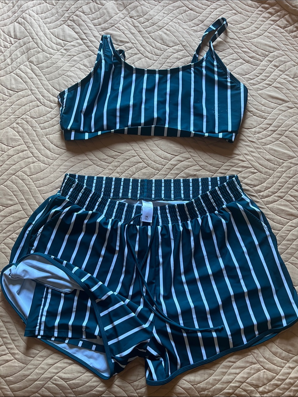 Striped Two-Piece Swim Set in Teal and White